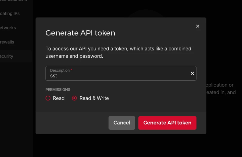 Generating an API token – Hetzner Cloud UI
