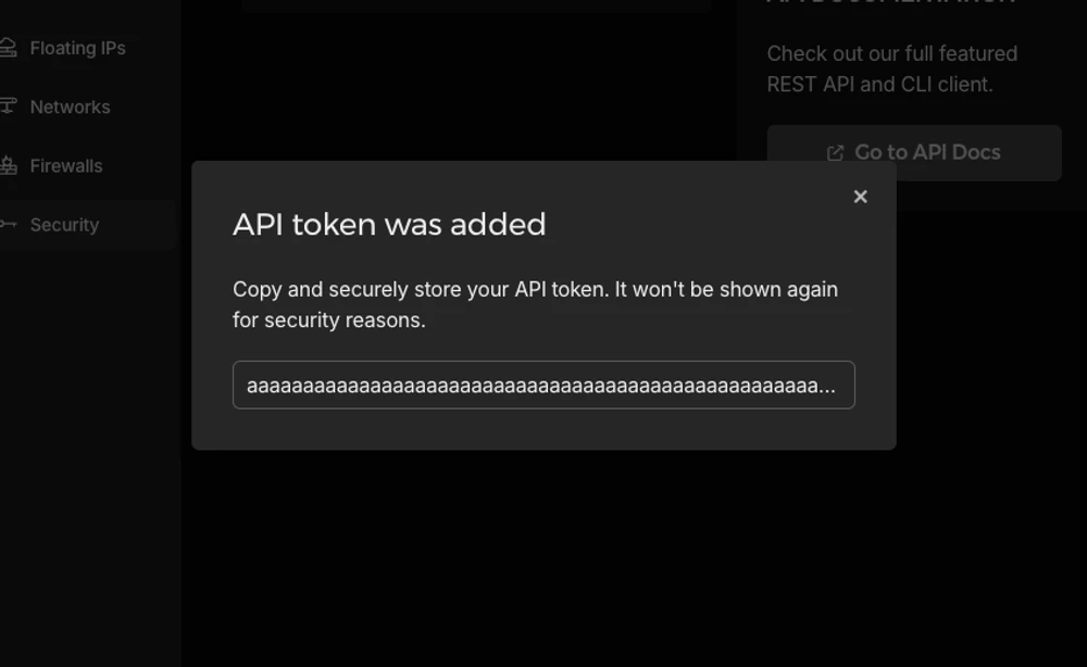 The API token – Hetzner Cloud UI
