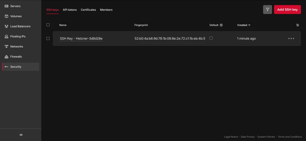 The SSH key – Hetzner Cloud UI