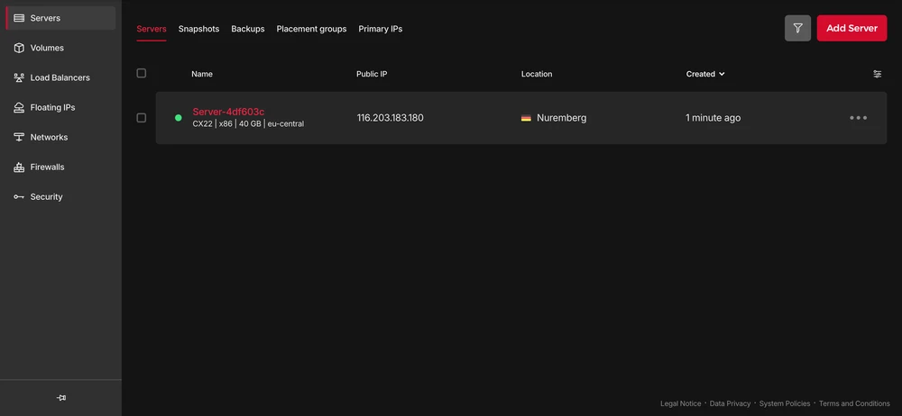 The Server – Hetzner Cloud UI