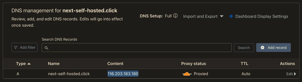 DNS settings – Cloudflare UI